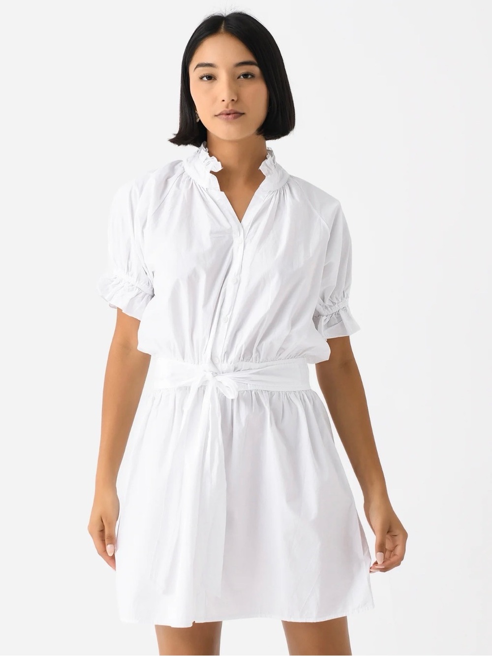 Stark X Ruffle-Collar White Mini Dress with Self-Tie Waist